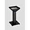 Black, square grill on a stand. The grill has a handle and a grate.