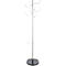 Silver coat stand with a round black base and hooks for hanging clothes.