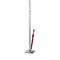 Gray freestanding coat rack holding a red umbrella.