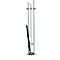 Silver umbrella stand with a black umbrella inside. The stand has a round base and holders.