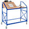 Blue rolling desk frame with a wooden top. A phone, calculator, paper, and notebook rest on the tabletop.