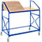 Blue metal frame with light brown wooden panels and wheels.