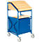 Blue, rolling lectern with wooden top, small cabinet and shelf.