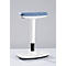 Stool, white frame, blue seat. The stool has an oval base, a black middle piece, and a padded seat.