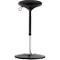 Black standing stool with round seat, handle and base.
