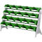Metallregal mit grünen Kunststoffbehältern in mehreren Reihen.