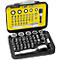 Black toolbox with various wrenches, sockets and bits. Yellow insert with size specifications and brand name.