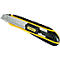 Yellow and black Stanley utility knife on white background. The handle says 'Stanley'.