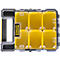 Yellow and transparent Stanley FatMax storage box with six compartments and a carrying handle. With lettering.