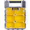 Yellow STANLEY FATMAX toolbox with transparent compartments and carrying handle.