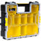Yellow and black toolbox with transparent lid and compartments.