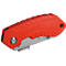 A red STANLEY folding knife, partially unfolded. The handle is textured and the blade is silver.