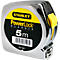 Chromed STANLEY PowerLock measuring tape. Black text on yellow background: 5m. Yellow locking button.