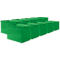 Groene plastic dozen gestapeld. Sommige staan iets schuin om de etikettering te laten zien.