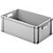 Grijze plastic doos met handvatten. De container is rechthoekig en leeg.