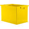 Gelbe Kunststoffbox mit Griffen. Aufrecht stehend vor neutralem Hintergrund.