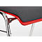 Detailopname van een stoel. Rode frame omsluit een grijze zitting, chromen poten.