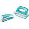 Turquoise stapler and hole punch of the Leitz brand.