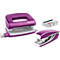 A purple hole punch, a stapler, and a pack of staples are displayed against a white background.