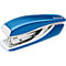 Blue stapler with white border, Leitz brand. Detailed shot.