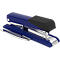 Blue stapler with black handle. Chrome details.