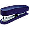 A dark blue stapler lies on a white background. It has a shiny metal part.