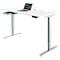 White height-adjustable desk with laptop. One drawer open. Black control panel and silver legs.