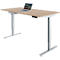 Bright, height-adjustable desk with laptop. Controls on the right, gray legs.