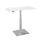 A white, height-adjustable desk with a rectangular tabletop and a silver frame against a white background.