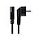 Schwarzes Netzkabel mit Stecker. Es zeigt einen Winkelstecker und einen Kaltgeräteanschluss.
