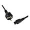 Ein schwarzes Netzkabel mit Stecker und Buchse, die auf weißem Hintergrund liegen.