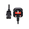 Ein schwarzes Netzkabel mit Stecker und Buchse. Der Stecker hat einen roten Schalter und Angaben wie 13 AMP und 250V. Auf der Buchse stehen Angaben wie 10A 250V.