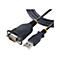 Ein schwarzes USB-auf-Seriell-Kabel, mit D-Sub-Stecker und USB-A-Stecker.