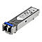Ein silbernes SFP-Modul mit blauem Verschluss, Beschriftung: StarTech.com.