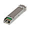 Ein silberner SFP-Transceiver. Vorderseite mit grünem und goldfarbenem Anschluss.