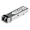 Ein silbernes SFP-Modul mit Aufschrift StarTech.com und technischen Daten. Es sind CE-Kennzeichnung und RoHS-Konformität zu sehen.