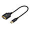 Schwarzes USB-zu-RS232-Adapterkabel, goldenes USB-Ende, DB9-Anschluss. Leuchtende LEDs zeigen den Status an.