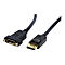DisplayPort-Verlängerungskabel mit einer Buchse und einem Stecker vor weißem Hintergrund.