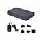 Commutateur noir avec port USB, alimentation et diverses prises sur fond blanc.