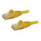 Zwei gelbe Netzwerkkabel-Stecker mit transparenten Verriegelungen.