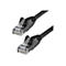 Zwei schwarze Netzwerkkabel-Stecker mit klarer Kunststoffabdeckung, die mit StarTech.com beschriftet sind.