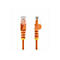 Zwei orangefarbene Netzwerkkabel-Stecker im Detail. Stecker aus transparentem Kunststoff und orangefarbenem Gummi.