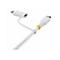Câble de chargement blanc pour appareil Apple. Connecteur Lightning et connecteur USB-C, câble tressé avec anneau jaune.