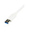 Un cÃ¢ble USB blanc, prise avec insert bleu, sur fond blanc.