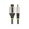 Un câble HDMI et un câble RCA sur fond blanc. Connecteur HDMI avec logo "Startech.com", câble gris, anneaux jaunes, câble noir avec impression "E81280-D".