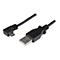 Un câble USB noir avec un connecteur micro USB coudé et un connecteur USB standard sur fond blanc.
