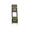 Module rÃ©seau argentÃ© avec connecteur vert, gros plan.