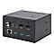 Schwarzer Mini-PC mit Anschlüssen für Video, Audio, USB und Netzwerk.