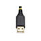 Nahaufnahme eines schwarzen USB-A Steckers mit goldenem Anschluss und gelbem Ring vor weißem Hintergrund.