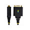Ein schwarzes Datenkabel mit goldfarbenen Steckern. Am Stecker leuchten LEDs mit der Beschriftung RX, TX und USB.
